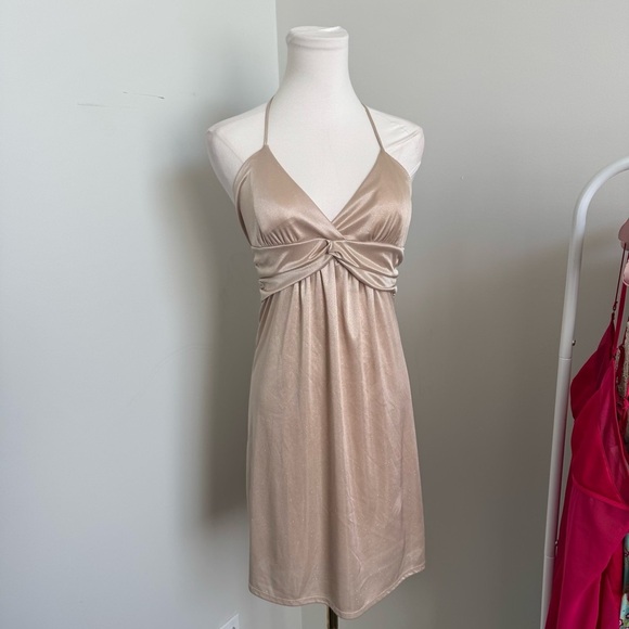 Vintage Y2K Gold Shimmer Halter Dress S - Picture 3 of 8